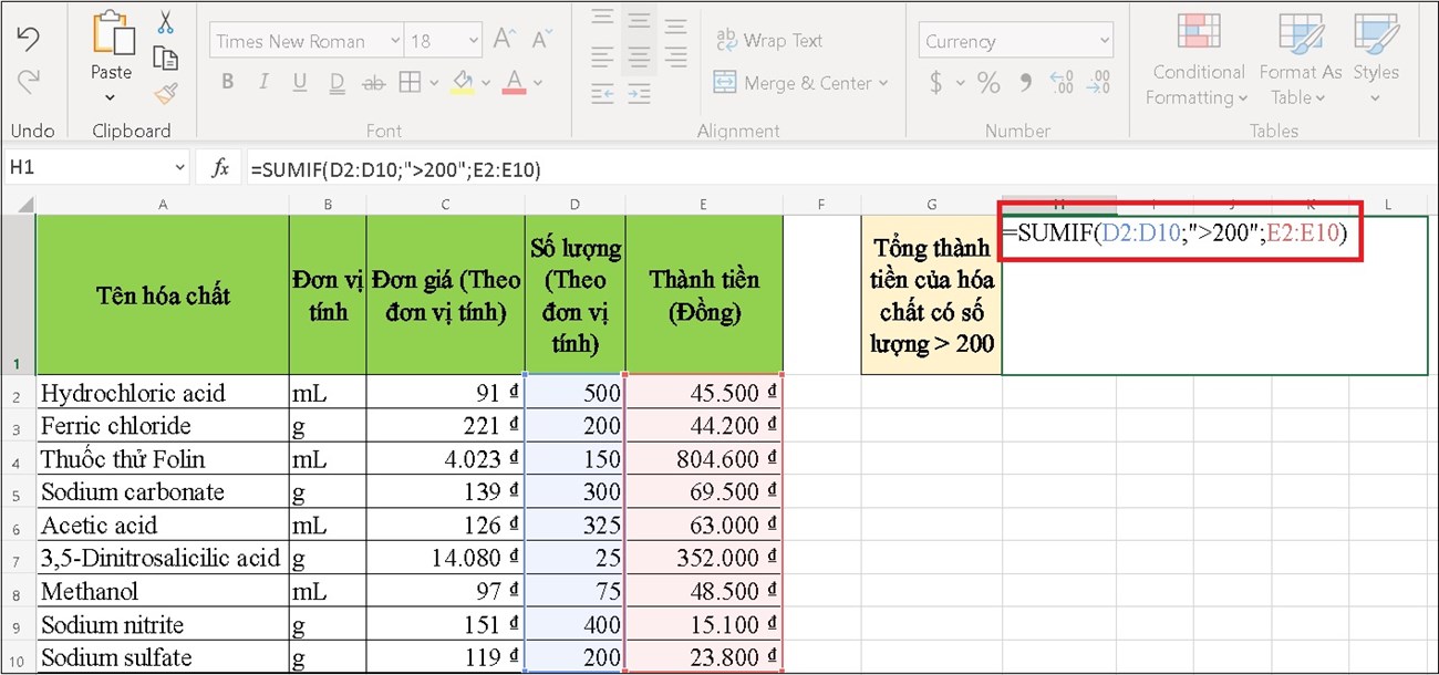 Nhập công thức hàm SUMIF