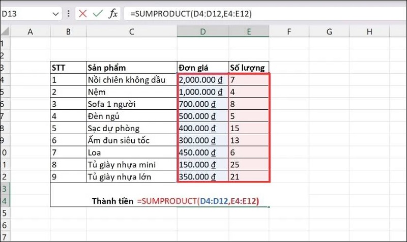 nhập công thức hàm SUMPRODUCT cơ bản