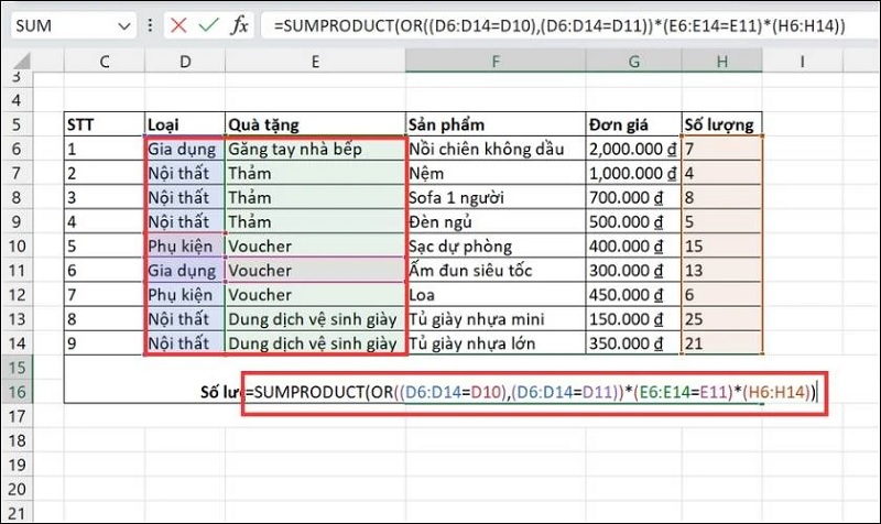 nhập công thức hàm SUMPRODUCT kết hợp hàm OR