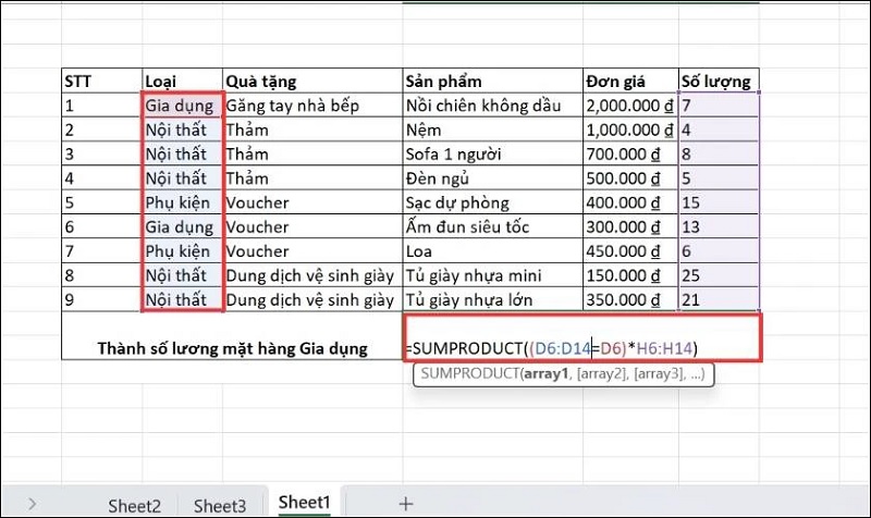 nhập công thức hàm SUMPRODUCT một điều kiện
