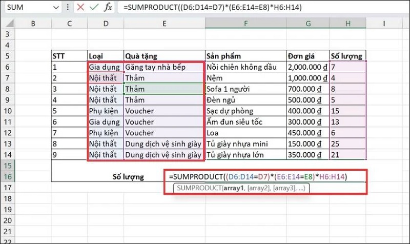 nhập công thức hàm SUMPRODUCT nhiều điều kiện