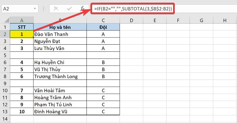 nhập công thức hàm SUBTOTAL và IF