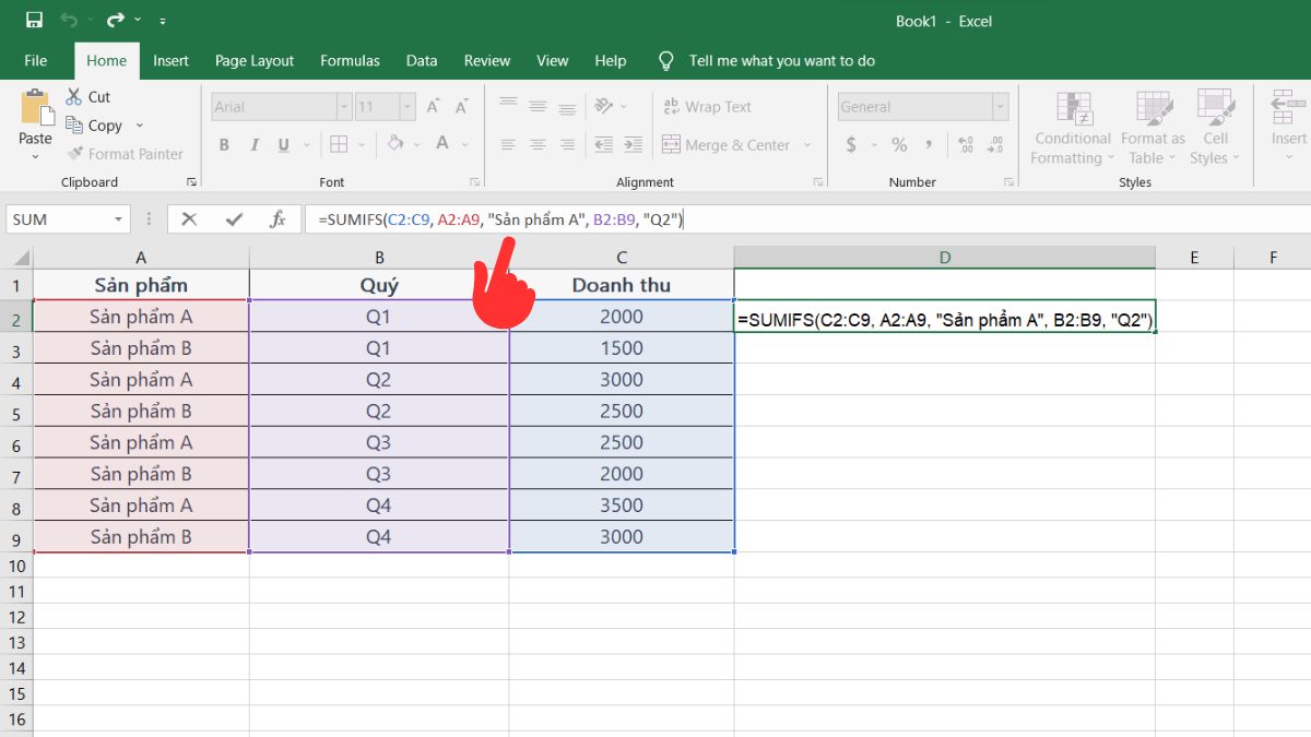 Nhập công thức hàm SUMIFS vào ô D2
