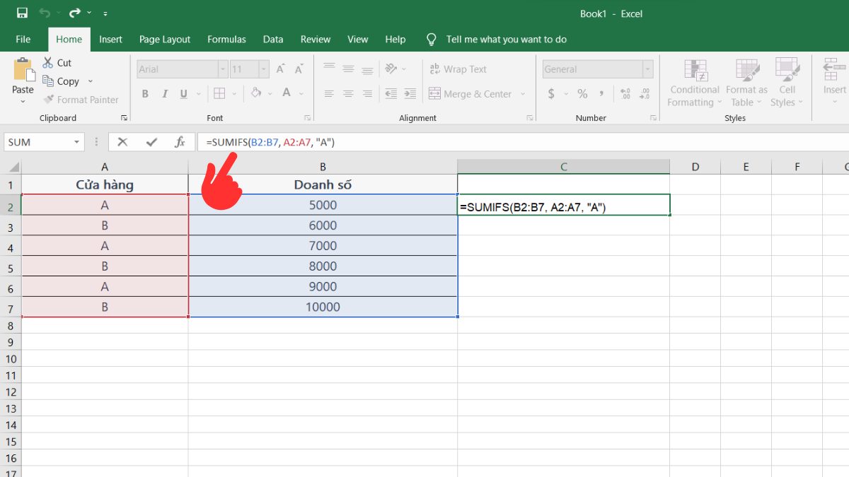 Nhập công thức hàm SUMIFS vào ô C2