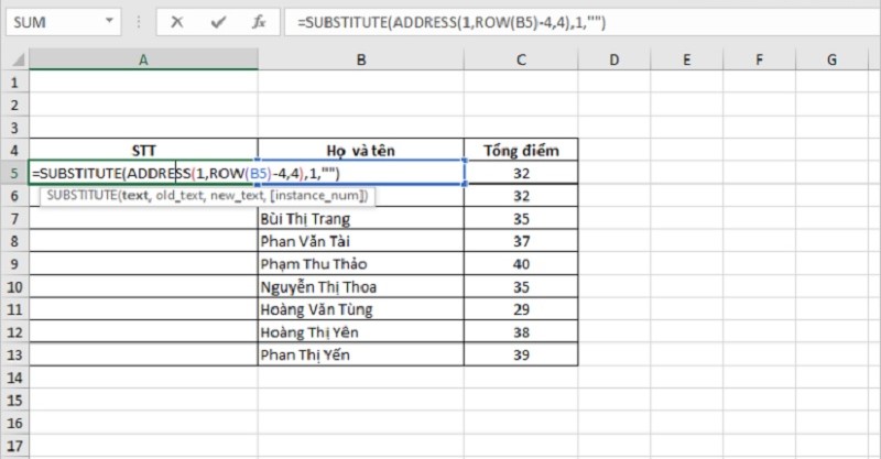 nhập công thức hàm SUBSTITUTE, ADDRESS và ROW