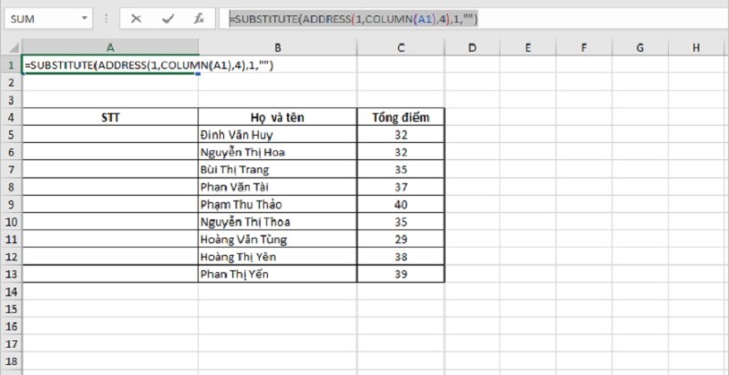 nhập công thức hàm SUBSTITUTE, ADDRESS và COLUMNS