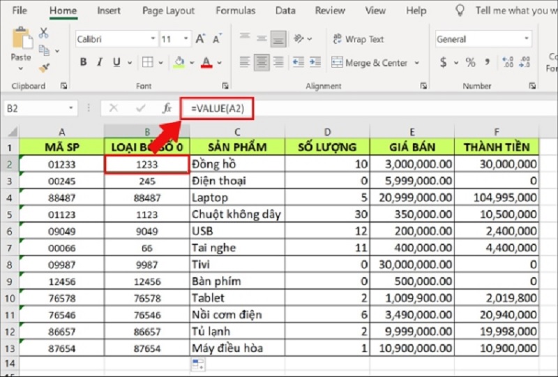 nhập công thức hàm VALUE