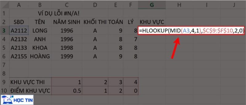 Nhập công thức HLOOKUP kết hợp hàm MID