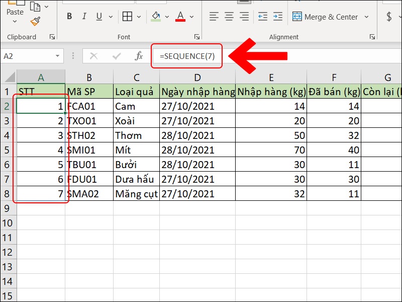 nhập công thức hàm SEQUENCE