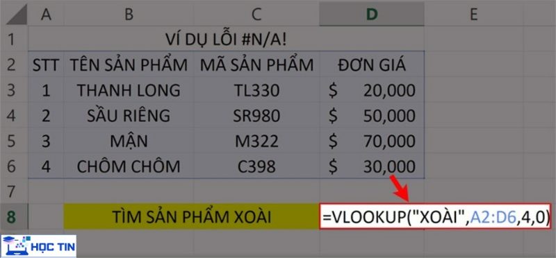 Nhập công thức VLOOKUP vào bảng tính