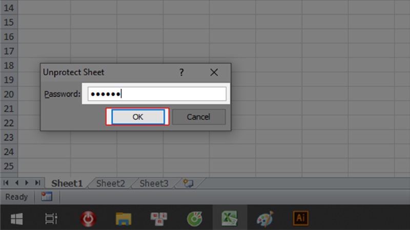 nhập mật khẩu đã sử dụng để khóa bảng tính và nhấn OK