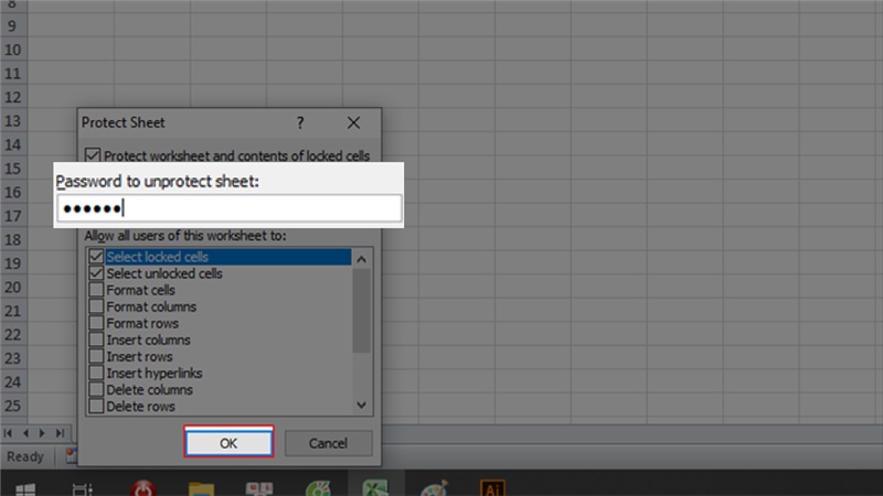 nhập mật khẩu muốn sử dụng để bảo vệ bảng và nhấn OK
