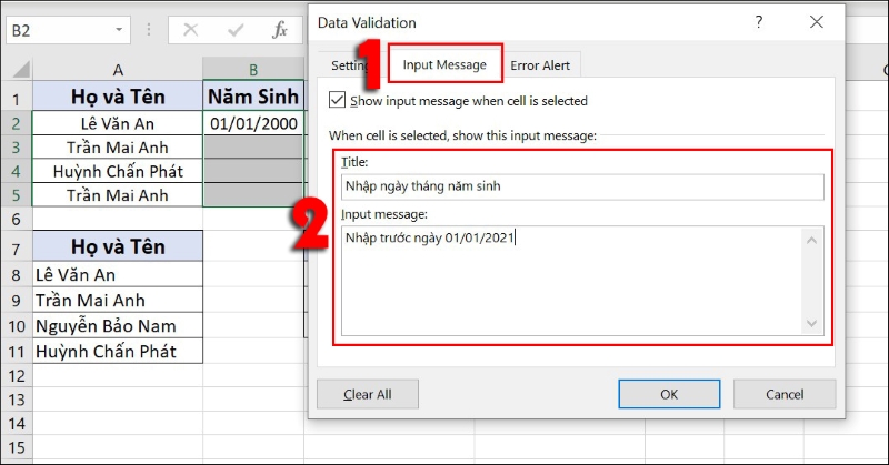 nhập Title và Input message