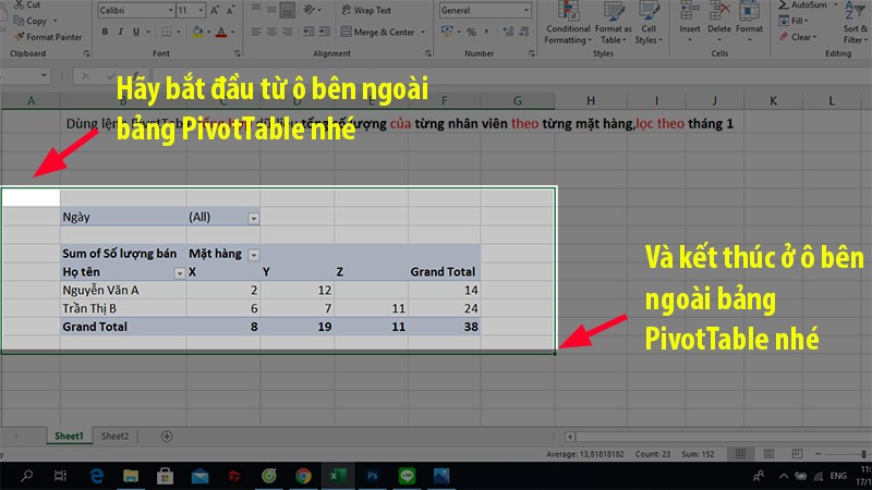 kéo chuột để quét chọn toàn bộ vùng dữ liệu của PivotTable