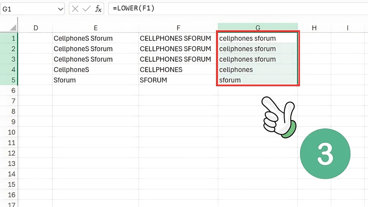sao chép công thức hàm LOWER cho các ô còn lại
