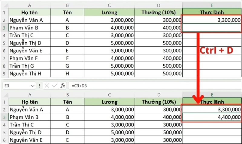 Cách sao chép công thức đến ô ngay bên dưới