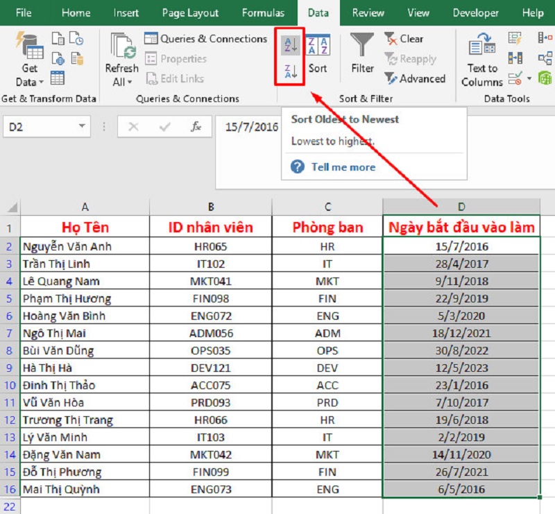 sắp xếp dữ liệu trong Excel theo thứ tự đơn giản