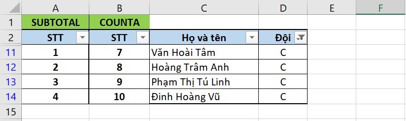 sự khác nhau giữa SUBTOTAL và COUNTA