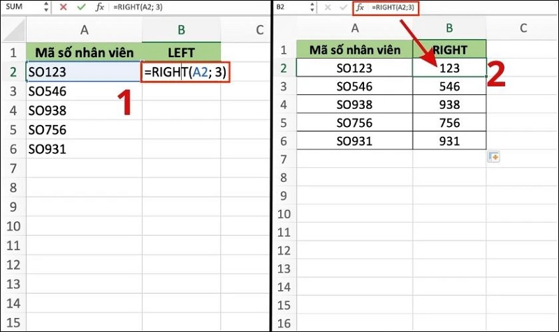 Sử dụng hàm RIGHT để lấy ký tự bất kỳ trong Excel