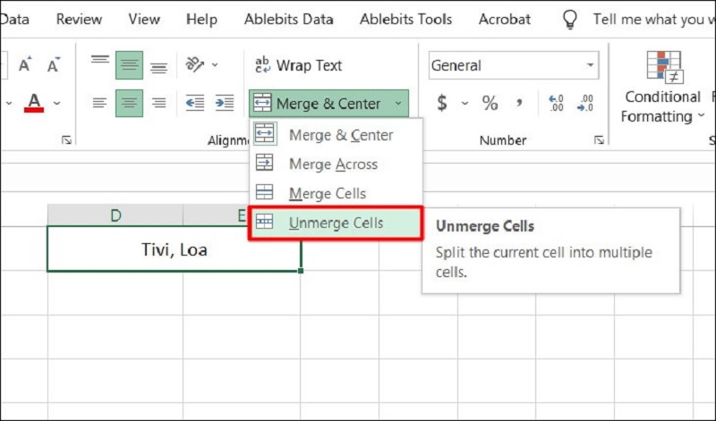 tách ô đã gộp bằng Unmerge Cells