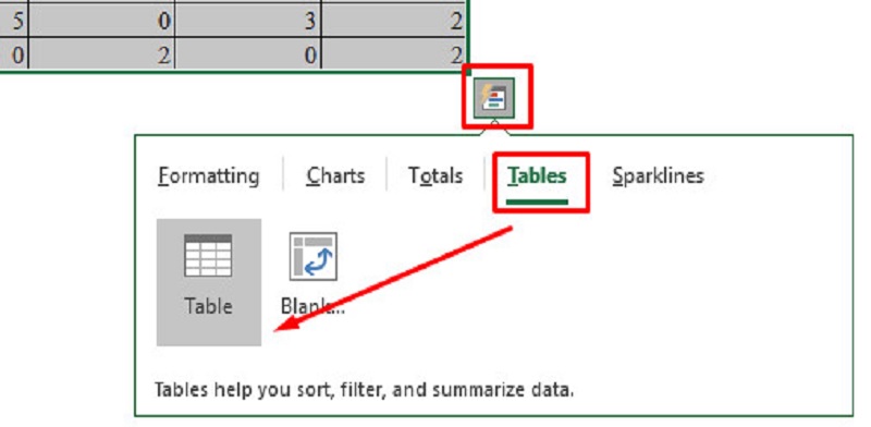 chọn tab Tables và nhấn chọn Table