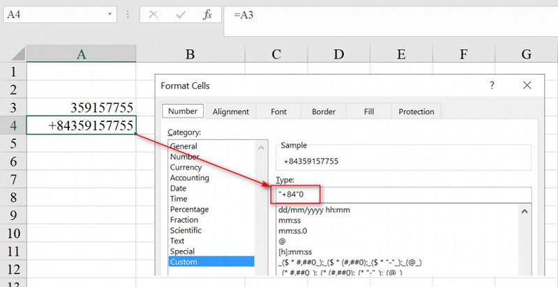 Cách thêm đầu 84 vào số điện thoại trong Excel bằng Format Cells