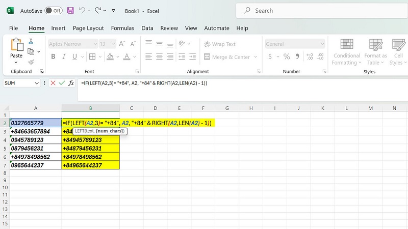 Cách thêm đầu 84 vào số điện thoại trong Excel bằng hàm IF và RIGHT