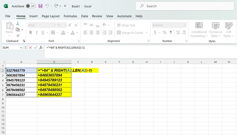 Cách thêm đầu 84 vào số điện thoại trong Excel bằng hàm RIGHT