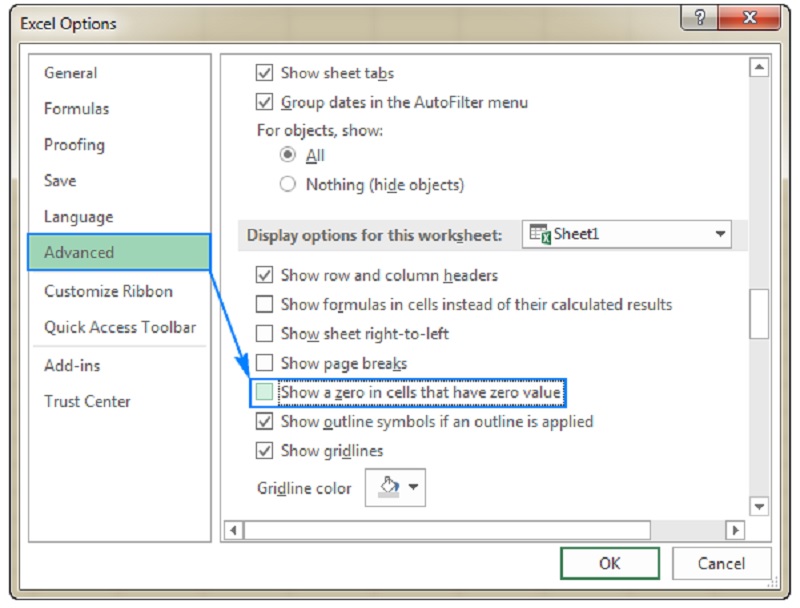 Bỏ chọn mục Show a zero in cells that have zero value