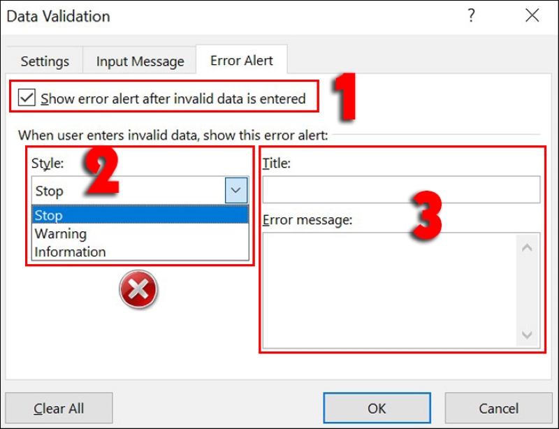 tích chọn Show error alert after invalid data is entered