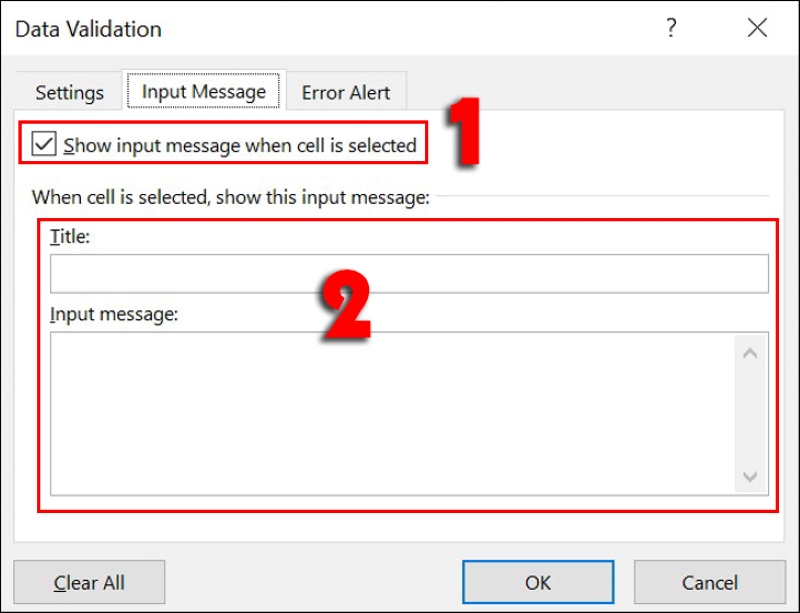 tích chọn Show input message when cell is selected