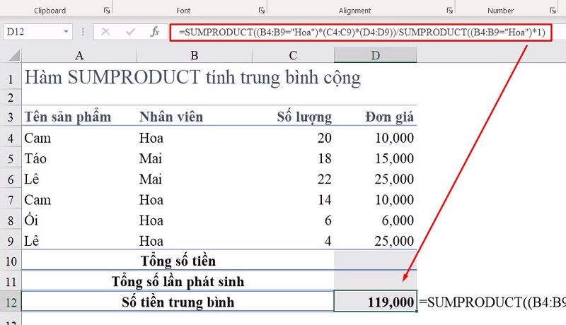 tính số tiền bán hàng trung bình bằng hàm sumproduct