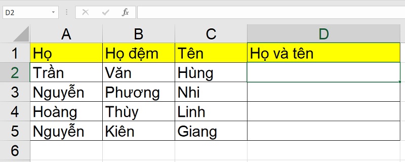 bảng dữ liệu chứa họ, họ đệm và tên