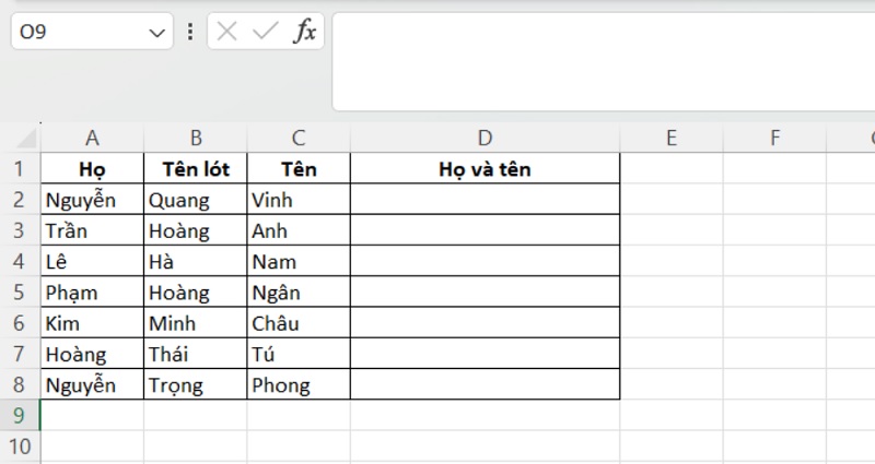 bảng dữ liệu chứa họ, tên lót và tên