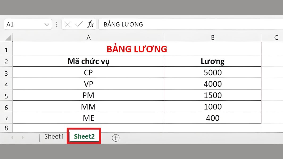 bảng mã chức vụ cùng mức lương tương ứng được lưu ở sheet 2