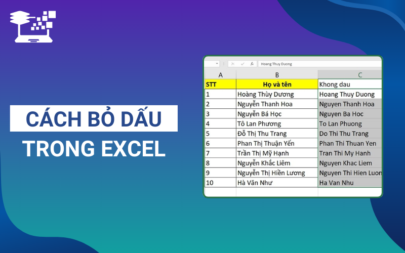 cách bỏ dấu trong excel