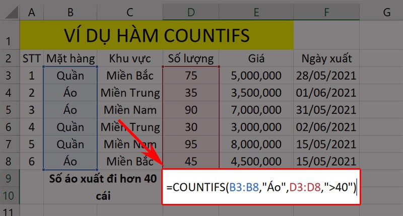 nhập công thức hàm COUNTIFS