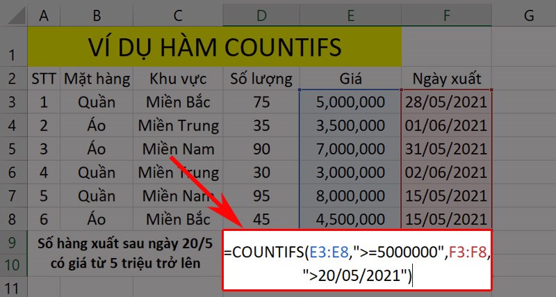 nhập công thức hàm COUNTIFS