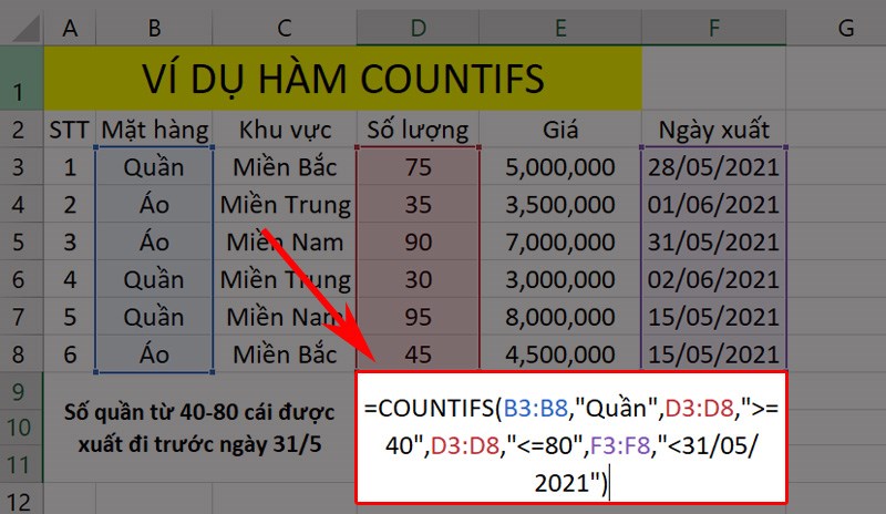 nhập công thức hàm COUNTIFS