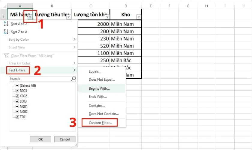 chọn Custom Filter để thiết lập điều kiện lọc