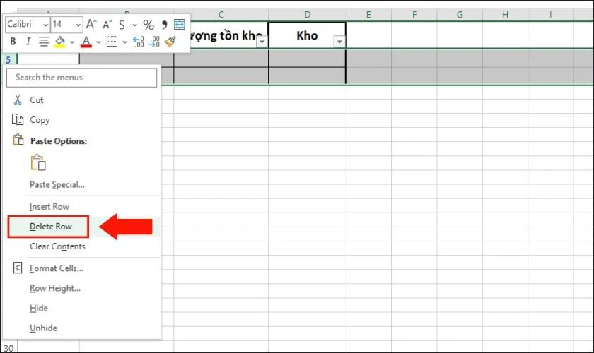 nhấn chuột phải và chọn Delete Row