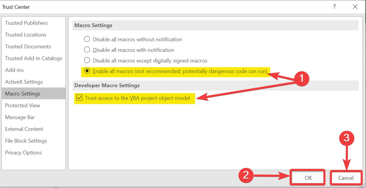 chọn Enable all macros