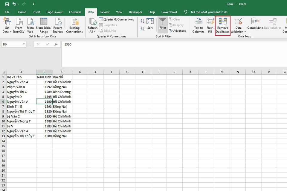 chọn Remove Duplicates