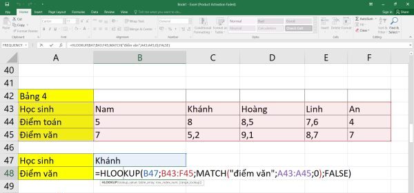 công thức hàm MATCH kết hợp với hàm HLOOKUP