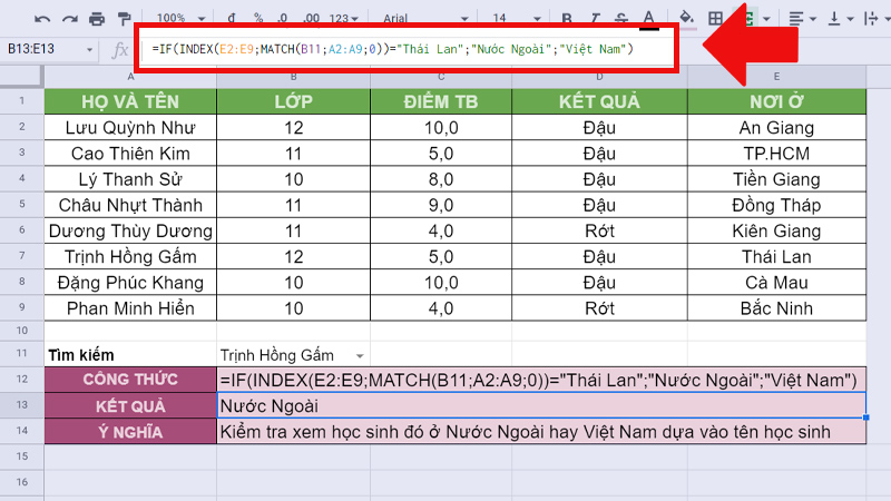 công thức hàm MATCH kết hợp hàm IF