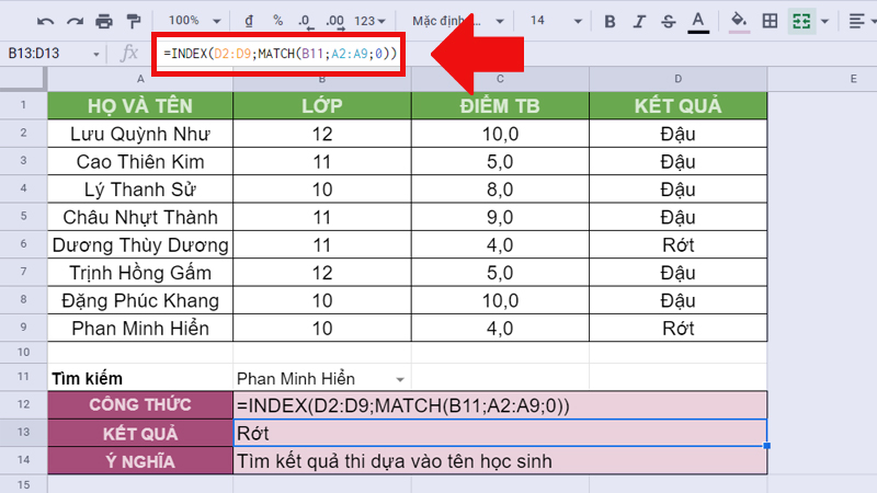 công thức hàm MATCH kết hợp hàm INDEX