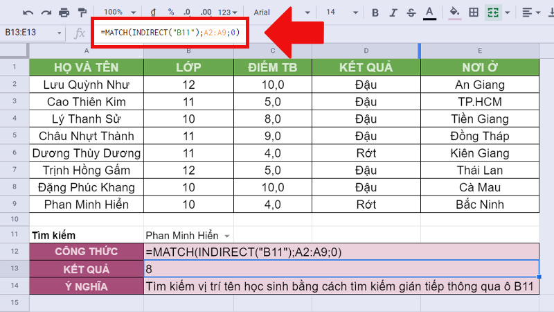 công thức hàm MATCH kết hợp hàm INDIRECT