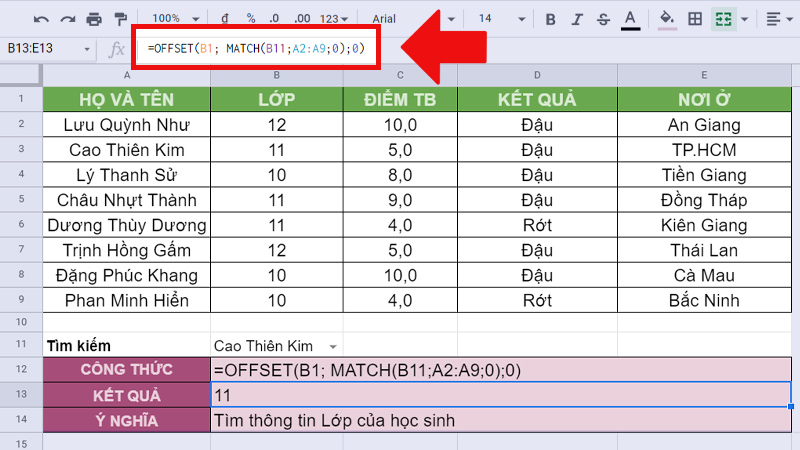 công thức hàm MATCH kết hợp hàm OFFSET