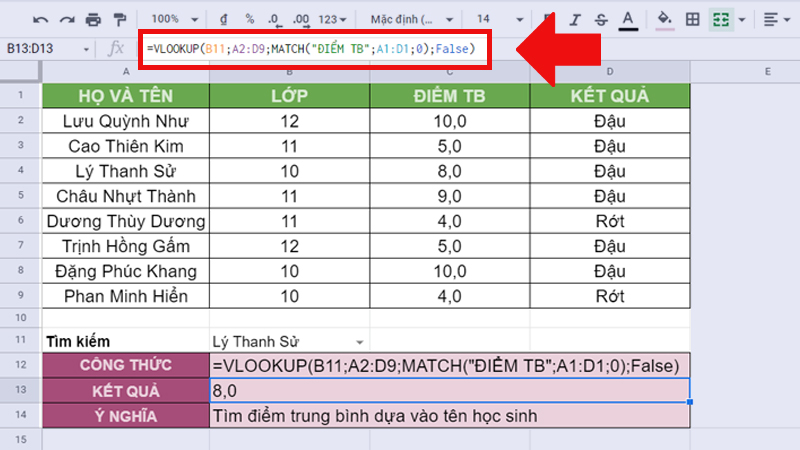 công thức hàm MATCH kết hợp hàm VLOOKUP