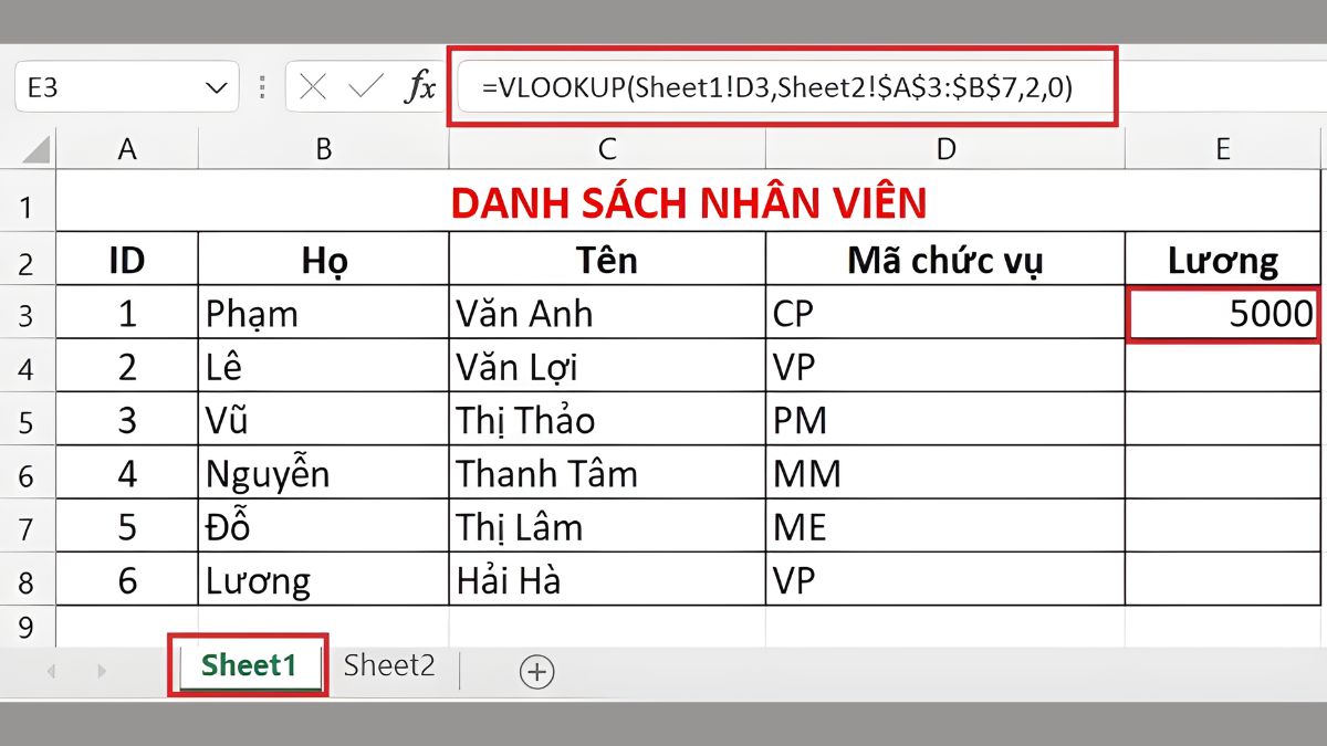 Sao chép công thức VLOOKUP đã nhập ở sheet 2 vào sheet 1